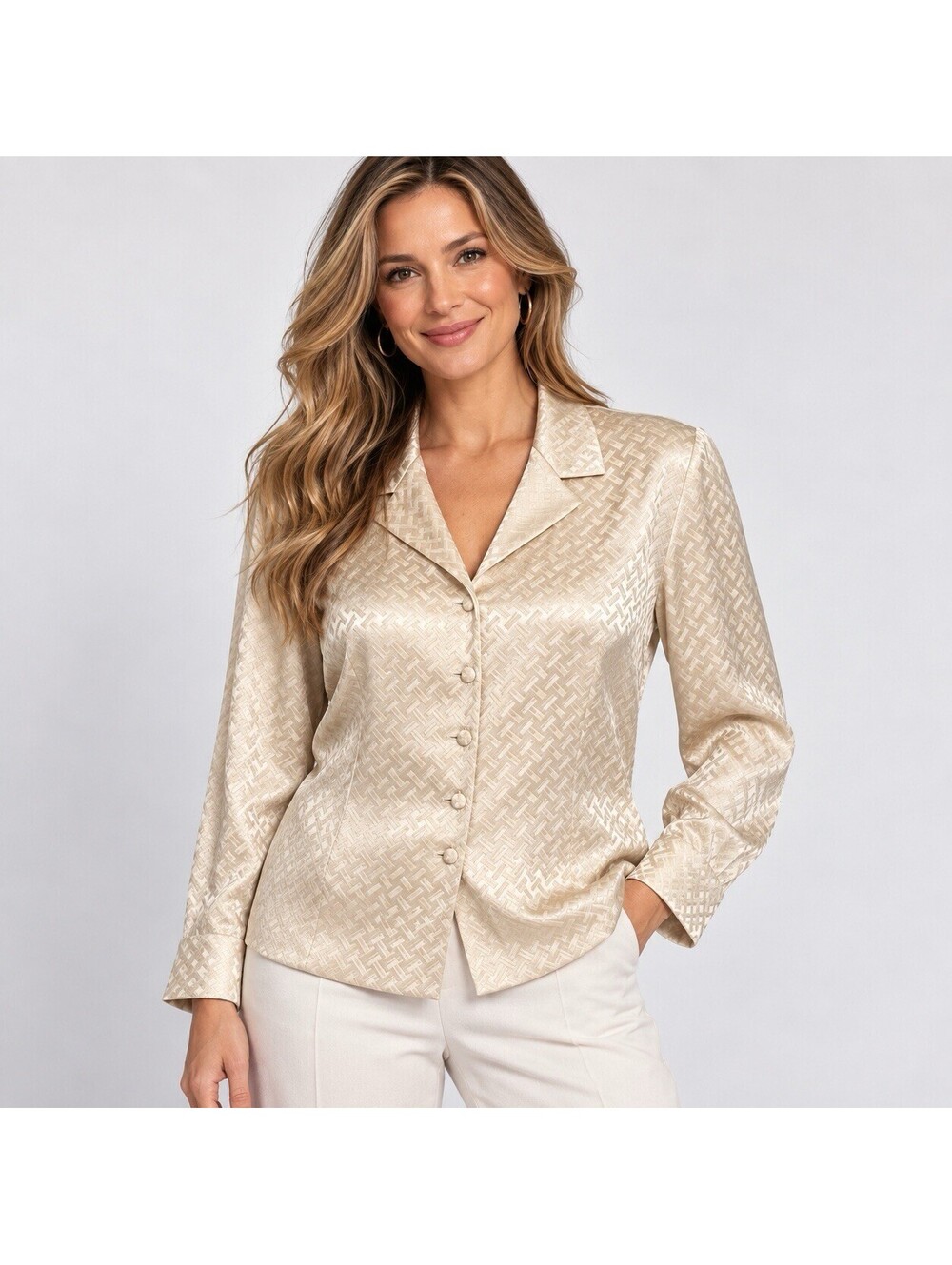 August Silk 100% Silk Blouse Size 12 Champagne Jacquard Quiet Luxury Shirt Satin